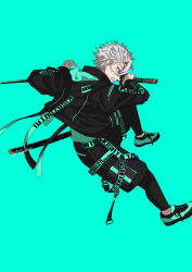 Rule 34 | 1boy, absurdres, alternate costume, black pants, black shorts, black sweater, blue background, blue eyes, blue footwear, blue shirt, character name, clenched teeth, contemporary, facial scar, grey hair, highres, holding, holding sword, holding weapon, hood, hood down, hooded sweater, kake hashi3, kimetsu no yaiba, long sleeves, male focus, pants, pants under shorts, scar, scar on cheek, scar on face, sheath, shinazugawa sanemi, shirt, shoes, short hair, shorts, simple background, sneakers, solo, sweater, sword, teeth, weapon