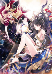 Rule 34 | 2girls, anklet, arm up, asymmetrical legwear, asymmetrical sleeves, bare shoulders, black bow, black dress, black legwear, blonde hair, bow, breasts, cape, closed mouth, commentary request, detached sleeves, dress, earrings, ereshkigal (fate), fate/grand order, fate (series), fingernails, full moon, fur-trimmed cape, fur trim, hair bow, hoop earrings, infinity symbol, ishtar (fate), jewelry, long hair, long sleeves, medium breasts, moon, multicolored cape, multicolored clothes, multiple girls, nail polish, night, night sky, open mouth, orb, parted bangs, red bow, red cape, red eyes, red nails, rednian, siblings, single detached sleeve, single sleeve, single thighhigh, sisters, skull, sky, sleeves past wrists, smile, spine, star (sky), starry sky, thighhighs, tiara, two side up, uneven legwear, uneven sleeves, very long hair, yellow cape