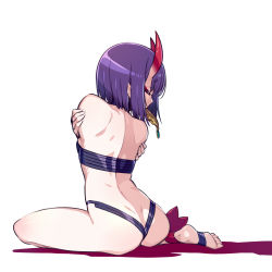 Rule 34 | 1girl, ankle ribbon, back, bob cut, chan co, commentary request, eyeshadow, fate/grand order, fate (series), horns, leg ribbon, makeup, oni, purple hair, ribbon, shuten douji (fate), simple background, sitting, skin-covered horns, solo, white background