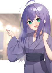 Rule 34 | 1girl, ahoge, binsen, blue kimono, blurry, blurry background, blush, commentary request, green eyes, highres, idolmaster, idolmaster million live!, japanese clothes, kimono, long hair, long sleeves, looking at viewer, mochizuki anna, open mouth, purple hair, sash, simple background, smile, solo, two-tone background, white background