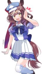 Rule 34 | 1girl, animal ears, black hair, blush, cabbie hat, ears through headwear, hair ornament, hairclip, hand up, hat, highres, horse ears, horse girl, horse tail, long hair, looking at viewer, matikane tannhauser (umamusume), multicolored hair, notice lines, open mouth, puffy short sleeves, puffy sleeves, purple shirt, sailor collar, school uniform, shirt, short sleeves, signature, skirt, smile, solo, standing, standing on one leg, streaked hair, tail, thighhighs, tracen school uniform, umamusume, v-shaped eyebrows, white skirt, white thighhighs, yellow eyes, zono (inokura syuzo029)