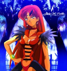 Rule 34 | 1girl, bad tag, breasts, choker, earrings, hand on own hip, jewelry, leotard, long hair, navel, red hair, red leotard, sailor lead crow, sailor moon, solo, tagme