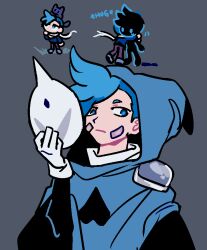 Rule 34 | 2boys, alternate costume, animal, animal on head, bandaid, bandaid on face, blue cloak, blue eyes, blue hair, blue shirt, cat, cat on head, chibi, cloak, closed mouth, commentary, dark persona, english commentary, english text, flat color, furmao game, gloves, grey background, hand up, heart, holding, holding mask, hood, hooded cloak, light frown, long sleeves, looking at viewer, looking away, male focus, mask, mask pull, unworn mask, multiple boys, multiple persona, on head, removing mask, revita (game), revita kid, scarf, shirt, simple background, solo focus, upper body, white gloves, white mask, white scarf