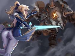 Rule 34 | 1girl, artist request, ass, battle, blonde hair, blue eyes, boots, bow, breasts, cloud (sky), from behind, from below, genshin impact, gloves, hair bow, highres, jean (genshin impact), large breasts, long hair, looking up, pants, ponytail, robot, sword, tailcoat, tight clothes, tight pants, weapon