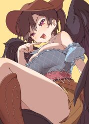 Rule 34 | 1girl, absurdres, bandana, black hair, black wings, blue shirt, blush, boots, breasts, brown footwear, brown hat, brown skirt, cowboy hat, e sdss, feathered wings, hat, highres, knee boots, kurokoma saki, large breasts, long hair, open mouth, pegasus wings, pleated skirt, ponytail, red eyes, shirt, short sleeves, skirt, smile, solo, touhou, white bandana, wings