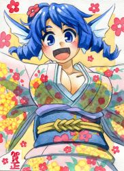 Rule 34 | 1girl, blue eyes, blue hair, breasts, cleavage, drill hair, fins, floral print, flower, hair flower, hair ornament, head fins, japanese clothes, kawachi koorogi, kimono, large breasts, looking at viewer, marker (medium), matching hair/eyes, obi, open mouth, sash, solo, touhou, traditional media, wakasagihime