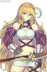 Rule 34 | 1girl, artist name, blonde hair, breasts, cleavage, detached sleeves, gloves, gofelem, gradient hair, green hair, grey gloves, grey skirt, holding, holding sword, holding weapon, long hair, medium breasts, midriff, milla maxwell, miniskirt, multicolored hair, navel, open hand, red eyes, skirt, solo, sword, tales of (series), tales of xillia, very long hair, watermark, weapon, web address, white background