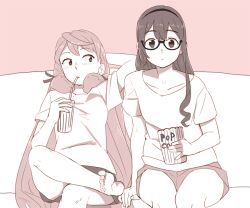 Rule 34 | 10s, 2girls, akashi (kancolle), barefoot, black hair, casual, cup, drink, drinking, drinking straw, glasses, hair ribbon, hairband, kantai collection, long hair, looking at viewer, monochrome, multiple girls, ojipon, ooyodo (kancolle), popcorn, ribbon, sepia, shorts, tress ribbon, twintails