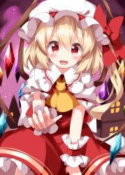 Rule 34 | 1girl, :d, ascot, blonde hair, blush, bow, crystal, fangs, flandre scarlet, frilled shirt collar, frills, hair between eyes, hat, hat bow, highres, looking at viewer, medium hair, mob cap, night, one side up, open mouth, outdoors, petticoat, puffy short sleeves, puffy sleeves, reaching, reaching towards viewer, red bow, red eyes, red skirt, red vest, ruu (tksymkw), scarlet devil mansion, short sleeves, skirt, skirt set, smile, solo, touhou, v-shaped eyebrows, vest, wings, yellow ascot