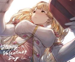 Rule 34 | 1girl, backlighting, blonde hair, blush, box, breasts, candy, chocolate, chocolate heart, cygames, food, granblue fantasy, hat, heart, heart-shaped box, highres, ivris, large breasts, long hair, monika weisswind, peaked cap, princess connect!, shingeki no bahamut, solo, twintails, white background