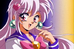 Rule 34 | 1990s (style), 1girl, :d, araizumi rui (style), bow, collarbone, earrings, finger to cheek, gradient background, grey hair, hair ornament, heart, heart hair ornament, highres, jewelry, long hair, open mouth, original, pink bow, potiri02, red eyes, retro artstyle, school uniform, serafuku, smile, solo