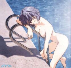 Rule 34 | 1girl, ayanami rei, blue hair, female focus, leaning forward, neon genesis evangelion, non-web source, nude, nude filter, outdoors, pale skin, pool, pool ladder, poolside, red eyes, shadow, short hair, solo, sunlight, third-party edit, water