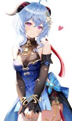 Rule 34 | 1girl, absurdres, ahoge, bare shoulders, black dress, blue dress, blue hair, blush, breasts, cleavage, contrapposto, cowboy shot, detached sleeves, dress, ganyu (genshin impact), ganyu (twilight blossom) (genshin impact), genshin impact, goat horns, gradient eyes, hair intakes, hair ornament, head tilt, heart, highres, horns, long hair, long sleeves, looking at viewer, medium breasts, multicolored clothes, multicolored dress, multicolored eyes, nasii, official alternate costume, own hands together, purple eyes, see-through, see-through cleavage, simple background, sleeveless, sleeveless dress, smile, solo, thighs, white background