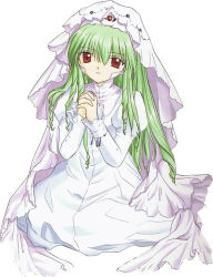 Rule 34 | 00s, 1girl, bandaid, broccoli (company), dress, full body, galaxy angel, green hair, interlocked fingers, long hair, long sleeves, looking at viewer, own hands clasped, own hands together, praying, red eyes, simple background, sitting, solo, vanilla h, veil, very long hair, white background, white dress