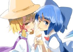 Rule 34 | 2girls, absurdres, blonde hair, blush, brown eyes, cirno, food, hat, highres, ice cream, ice cream cone, licking, long hair, looking at viewer, moriya suwako, multiple girls, open mouth, sexually suggestive, sharing food, short hair, simple background, sinzan, sketch, smile, tongue, tongue out, touhou, white background, wings