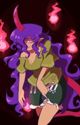 Rule 34 | 1girl, breasts, cleavage, clothes writing, earrings, green shirt, green shorts, highres, horns, jewelry, long hair, medium breasts, open mouth, pointy ears, purple hair, quarium, red eyes, red horns, shirt, short sleeves, shorts, single earring, single horn, smile, solo, staring, tail, tenkajin chiyari, touhou, unfinished dream of all living ghost