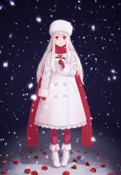 Rule 34 | 1girl, albino, dress, fate/zero, fate (series), flower, full body, gloves, hat, holding, illyasviel von einzbern, irisviel von einzbern, kitano (kitanosnowwhite), long hair, looking at viewer, pantyhose, red eyes, red flower, red gloves, red pantyhose, red rose, red scarf, rose, scarf, snowing, solo, standing, white dress, white hair, white hat