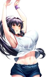 Rule 34 | 1girl, absurdres, black hair, bouncing breasts, breasts, gibagiba, highres, large breasts, looking up, midriff, mole, mole under eye, navel, original, shirt, simple background, solo, toned, white background, white shirt, yellow eyes