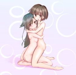 Rule 34 | 2girls, bad id, bad pixiv id, blue background, brown eyes, brown hair, bubble, commentary request, convenient censoring, full body, gradient background, green hair, highres, hug, multiple girls, nude, open mouth, original, purple background, red eyes, smile, tawasiupa, yuri