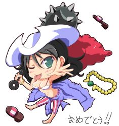 Rule 34 | 1girl, alvida (one piece), black hair, blue eyes, blush, chibi, jewelry, mace, necklace, one piece, pink theme, tongue, tongue out, weapon