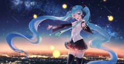 Rule 34 | 1girl, :d, black skirt, blue eyes, blue hair, blue necktie, breasts, city, city lights, cityscape, cowboy shot, detached sleeves, floating hair, hanako151, hatsune miku, headset, long hair, looking at viewer, nebula, necktie, night, night sky, open mouth, outdoors, outstretched arms, round teeth, shirt, shooting star, skirt, sky, sleeveless, sleeveless shirt, small breasts, smile, solo, star (sky), starry sky, teeth, thighhighs, thighs, twintails, upper body, upper teeth only, very long hair, vocaloid, white shirt, wide shot