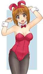 Rule 34 | 1girl, animal ears, black pantyhose, bow, bowtie, breasts, brown eyes, brown hair, cleavage, commentary request, cowboy shot, detached collar, girls und panzer, leotard, looking at viewer, medium breasts, nishizumi miho, pantyhose, playboy bunny, rabbit ears, red bow, red bowtie, red leotard, short hair, smile, solo, standing, uona telepin, wrist cuffs
