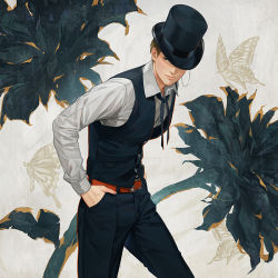 Rule 34 | 1boy, black flower, black hat, black pants, black vest, blonde hair, bug, butterfly, buttons, closed mouth, collared shirt, cowboy shot, flower, formal, grey background, grey shirt, half-closed eye, hands in pockets, hat, insect, leaning forward, legs apart, lips, long sleeves, looking to the side, male focus, original, pants, shirt, smile, standing, suda ayaka, top hat, uneven eyes, vest, wing collar