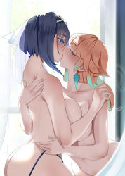 Rule 34 | 2girls, ass, back, backlighting, black panties, blue eyes, blue hair, blush, body blush, breasts, closed eyes, collarbone, completely nude, earrings, feather earrings, feathers, fingernails, french kiss, gradient hair, hair intakes, highres, hololive, hololive english, hug, jewelry, kiss, large breasts, leaning forward, long fingernails, long hair, monobe yuri, multicolored hair, multiple girls, nail polish, navel, nude, orange hair, ouro kronii, panties, panty pull, pulling another&#039;s clothes, saliva, short hair, sideboob, takanashi kiara, tongue, topless, underwear, veil, virtual youtuber, white nails, window, yuri