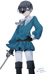 Rule 34 | 1boy, belt, black footwear, blue eyes, blue hair, blue shirt, boots, brown belt, ciel phantomhive, closed mouth, dated, eyepatch, hair between eyes, hand on own hip, hashtag, highres, holding, holding sword, holding weapon, kodona, kuroshitsuji, lolita fashion, looking to the side, shirt, short hair, signature, simple background, solo, sword, twitter username, victorian, weapon, white background, yu ki koo