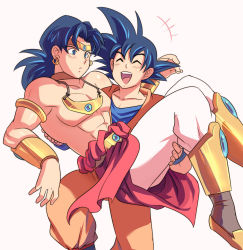 Rule 34 | 2boys, abs, black hair, blue eyes, broly (dragon ball z), carrying, circlet, collarbone, dougi, dragon ball, dragonball z, earrings, closed eyes, jewelry, jiayu long, male focus, multiple boys, muscular, neck ring, open mouth, princess carry, topless male, smile, son goku, vambraces