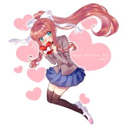 Rule 34 | 1girl, black thighhighs, blue skirt, blunt bangs, blush, box, brown hair, commentary request, dated, doki doki literature club, full body, green eyes, grey jacket, hair ribbon, happy valentine, heart, heart-shaped box, heart background, highres, jacket, long hair, long sleeves, looking at viewer, mary janes, monika (doki doki literature club), nan (gokurou), pleated skirt, ponytail, ribbon, school uniform, shoes, sidelocks, simple background, skirt, smile, solo, thighhighs, twitter username, valentine, white background, white ribbon, zettai ryouiki