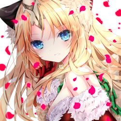 Rule 34 | 1girl, bare shoulders, black bow, blonde hair, blue eyes, blush, bow, breasts, commentary request, dress, fur-trimmed dress, fur-trimmed gloves, fur trim, gloves, hair between eyes, hair bow, long hair, looking at viewer, looking to the side, medium breasts, nanase nao, parted bangs, parted lips, petals, red dress, red gloves, riesz, seiken densetsu, seiken densetsu 3, simple background, smile, solo, strapless, strapless dress, upper body, white background