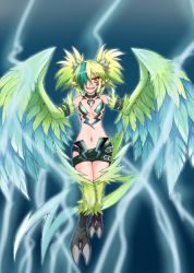 Rule 34 | 1girl, belt, blonde hair, blue hair, breasts, cleavage, electricity, feathers, hair over one eye, harpy, lightning, lightning bolt symbol, midriff, monster girl, monster girl encyclopedia, monster girl encyclopedia ii, multicolored hair, navel, red eyes, shintani masaki, shorts, small breasts, smile, solo, tail, talons, thunderbird (monster girl encyclopedia), twintails, two-tone hair, wings