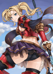 Rule 34 | 10s, 1girl, ass, bang-you, black thighhighs, blonde hair, blue eyes, breasts, day, granblue fantasy, highres, looking at viewer, looking back, polearm, sideboob, skirt, sky, smile, solo, thighhighs, thighs, weapon, zeta (granblue fantasy)