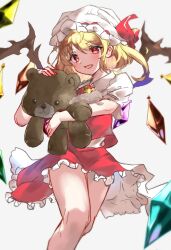 Rule 34 | 1girl, absurdres, blonde hair, collared shirt, crystal, fang, feet out of frame, flandre scarlet, frilled skirt, frills, hair between eyes, hat, hat ribbon, highres, holding, holding stuffed toy, medium hair, mob cap, multicolored wings, open mouth, puffy short sleeves, puffy sleeves, red eyes, red ribbon, red skirt, red vest, ribbon, ribbon-trimmed headwear, ribbon trim, shirt, short sleeves, side ponytail, simple background, skirt, skirt set, solo, sorusugar0141, stuffed animal, stuffed toy, teddy bear, touhou, vest, white background, white hat, white shirt, wings