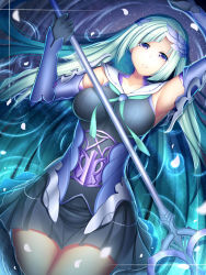 Rule 34 | 1girl, afloat, arm up, armor, armpits, black gloves, black skirt, blush, border, breasts, brynhildr (fate), collarbone, cowboy shot, eyebrows, eyelashes, fate/grand order, fate/prototype, fate/prototype: fragments of blue and silver, fate (series), female focus, gloves, guardian-panda, head wings, highres, holding, holding weapon, large breasts, liquid, long hair, looking at viewer, lying, miniskirt, motion blur, night, night sky, on back, parted lips, petals, pleated skirt, polearm, purple eyes, reflection, ripples, skirt, sky, solo, spear, star (sky), vambraces, very long hair, weapon, wide hips, wings
