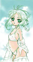 Rule 34 | 1girl, flat chest, green eyes, nishida asako, panties, partially colored, sky, solo, underwear, undressing