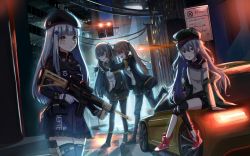 Rule 34 | &gt; &lt;, 404 (girls&#039; frontline), 4girls, absurdres, assault rifle, beret, black footwear, black gloves, black pantyhose, black skirt, blunt bangs, blush, brown eyes, brown hair, city, closed eyes, closed mouth, collared shirt, commentary, cowboy shot, english commentary, facial mark, fingerless gloves, full body, g11 (girls&#039; frontline), girls&#039; frontline, gloves, green eyes, green jacket, grey eyes, grey hair, gun, h&amp;k hk416, hair between eyes, hair ornament, hat, highres, hk416 (girls&#039; frontline), holding, jacket, long hair, looking at viewer, multiple girls, navel, night, one side up, open mouth, outdoors, pantyhose, plaid, plaid skirt, pleated skirt, rahy, rifle, scar, scar across eye, scar on face, scenery, shirt, shoes, sitting on car, skirt, sleeveless, sleeveless shirt, smile, sneakers, teardrop, traffic light, twintails, ump45 (girls&#039; frontline), ump9 (girls&#039; frontline), weapon, white gloves, white shirt