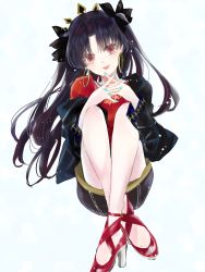 Rule 34 | 1girl, asa (1asa-0-asa1), bad id, bad pixiv id, black hair, black jacket, black skirt, blush, breasts, earrings, fate/grand order, fate (series), hair ribbon, high heels, highres, hoop earrings, ishtar (fate), ishtar (under the same sky) (fate), jacket, jewelry, knees up, long hair, long sleeves, looking at viewer, medium breasts, open clothes, open jacket, open mouth, parted bangs, red eyes, red footwear, red shirt, ribbon, shirt, skirt, smile, solo, tiara, two side up, under the same sky