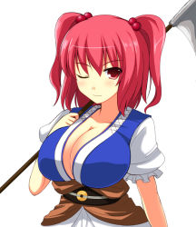 Rule 34 | 1girl, ash (pixiv53802), breasts, cleavage, collarbone, female focus, huge breasts, one eye closed, onozuka komachi, puffy sleeves, red eyes, red hair, scythe, short hair, short sleeves, smile, solo, touhou, twintails, two side up, weapon, white background, wink