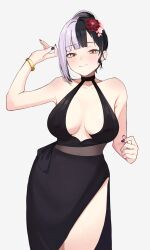Rule 34 | 1girl, absurdres, alternate costume, alternate hairstyle, arm up, bare arms, bare shoulders, black dress, black hair, breasts, closed mouth, collarbone, commentary, dress, earrings, flower, gold bracelet, hair bun, hair flower, hair ornament, highres, hololive, hololive english, jewelry, ku roiko, large breasts, looking at viewer, multicolored hair, shiori novella, side slit, simple background, single hair bun, smile, solo, split-color hair, stud earrings, two-tone hair, virtual youtuber, white background, white hair