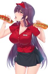 Rule 34 | 1girl, alternate costume, black skirt, blush, breasts, cleavage, collared shirt, commentary request, damda, fate/grand order, fate (series), food, hair intakes, hat, holding, holding food, hot dog, ketchup, large breasts, long hair, miniskirt, mustard, name tag, open mouth, purple hair, red eyes, red hat, sausage, scathach (fate), sexually suggestive, shirt, short sleeves, simple background, skirt, solo, thighs, tongue, tongue out, very long hair, visor cap, white background