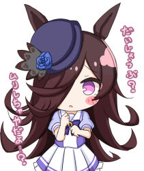 Rule 34 | 1girl, animal ears, blue bow, blue flower, blue hat, blue rose, blue shirt, blush stickers, bow, brown hair, commentary request, flower, frilled skirt, frills, hair over one eye, hands up, hat, hat flower, horse ears, komakoma (magicaltale), long hair, looking at viewer, parted lips, pleated skirt, puffy short sleeves, puffy sleeves, purple eyes, rice shower (umamusume), rose, school uniform, shirt, short sleeves, simple background, skirt, solo, tilted headwear, tracen school uniform, translation request, umamusume, very long hair, white background, white skirt