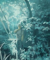 1boy aqua_theme backpack bag branch cigar cliff forest ginko_(mushishi) grey_shirt hise holding holding_cigar leaf mushishi nature pants scenery shirt short_hair short_sleeves signature smoking standing white_hair