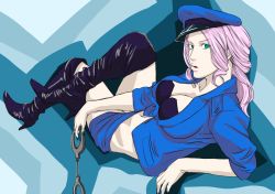 Rule 34 | 1girl, alternate costume, bad id, bad pixiv id, boots, bra, breasts, capcom, cleavage, cuffs, final fight, green eyes, handcuffs, hat, high heels, highres, knee boots, large breasts, crossed legs, long hair, lying, mattsun (lyohei-adgjmptw), midriff, miniskirt, navel, peaked cap, pink hair, poison (final fight), police, police uniform, policewoman, shoes, skirt, solo, unbuttoned, underwear, uniform