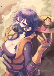 Rule 34 | 1girl, absurdres, apex legends, black bodysuit, black hair, blue hair, bodysuit, breasts, caustic (apex legends), caustic (apex legends) (cosplay), cleavage, colored smoke, colored tips, cosplay, covered mouth, from above, gas mask, gloves, hair behind ear, hair between eyes, highres, ichinose uruha, kiiro (cocoa080), looking at viewer, looking up, lupinus virtual games, mask, medium breasts, medium hair, multicolored hair, purple eyes, smoke, smoke bomb, solo, upper body, virtual youtuber, vspo!, yellow gloves