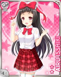 Rule 34 | 1girl, :d, black hair, bow, character name, girlfriend (kari), hair bow, isshiki airu, jacket, long hair, official art, open mouth, pink background, plaid, plaid skirt, pointing, pointing up, qp:flapper, red bow, red eyes, red skirt, school uniform, shirt, skirt, smile, summer, tagme, white shirt