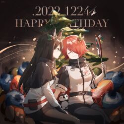 Rule 34 | 2girls, akirarec, animal ears, arknights, bell, belt, black background, black gloves, black hair, black pants, black shirt, christmas tree, closed eyes, coat, commentary, dated, english commentary, english text, exusiai (arknights), from side, gift, gloves, gradient background, hair over one eye, halo, happy birthday, highres, holding, holding mirror, id card, indoors, long hair, long sleeves, mirror, mistletoe, multiple girls, neck bell, pants, profile, red belt, red hair, shirt, short hair, short sleeves, simple background, smile, stuffed animal, stuffed penguin, stuffed toy, texas (arknights), white coat, wolf ears, wolf girl, yellow eyes