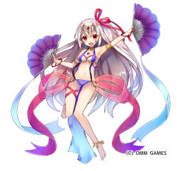 Rule 34 | 1girl, anklet, armlet, barefoot, circlet, dancer, hand fan, full body, jewelry, long hair, looking at viewer, navel, necklace, official art, open mouth, red eyes, sakofu, sennen sensou aigis, silver hair, solo, white background