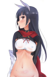 Rule 34 | 1girl, anabuki tomoko, animal ears, black hair, blush, bottomless, breasts, brown eyes, covered erect nipples, groin, large breasts, looking at viewer, navel, no panties, phoompusiri, simple background, solo, strike witches, strike witches: suomus misfits squadron, sweat, underboob, white background, world witches series